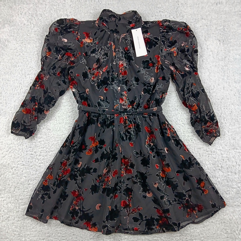 French Connection Guthern Burn Out Short Dress Women 8 Black Floral‎ 71TPT